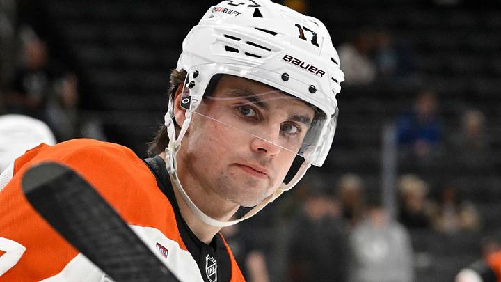 Sep 29, 2025; Boston, Massachusetts, USA; Philadelphia Flyers center Jett Luchanko (17) warms up before a game against the Boston Bruins at TD Garden. Mandatory Credit: Eric Canha-Imagn Images